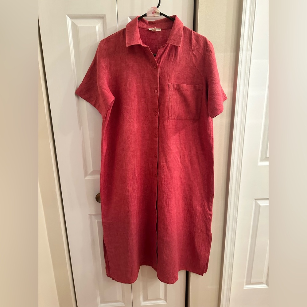 $278 Eileen Fisher Geranium Organic Linen Classic Collar Shirt Dress. Size S. - Picture 3 of 14